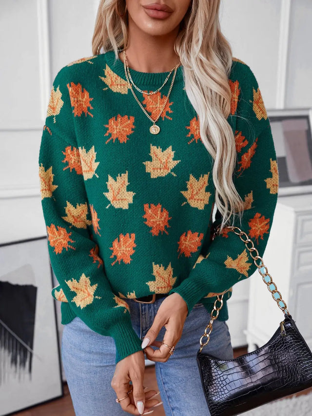 Maple Leaf Round Neck Long Sleeve Sweater Trendsi Hanalas