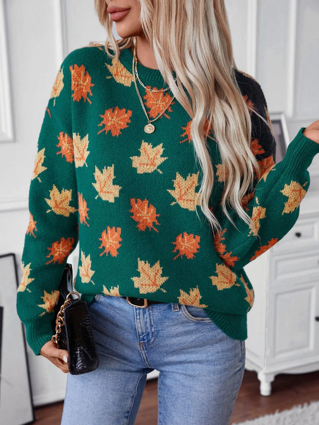 Maple Leaf Round Neck Long Sleeve Sweater Trendsi Hanalas