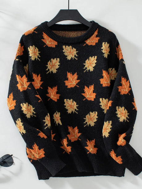 Maple Leaf Round Neck Long Sleeve Sweater Trendsi Hanalas