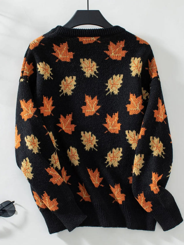 Maple Leaf Round Neck Long Sleeve Sweater Trendsi Hanalas