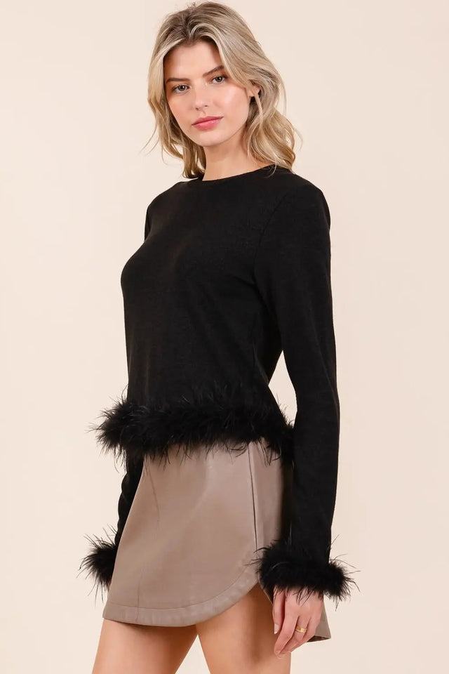 Mittoshop Feather Trim Long Sleeve Crop Hacci Knit Top Trendsi Hanalas