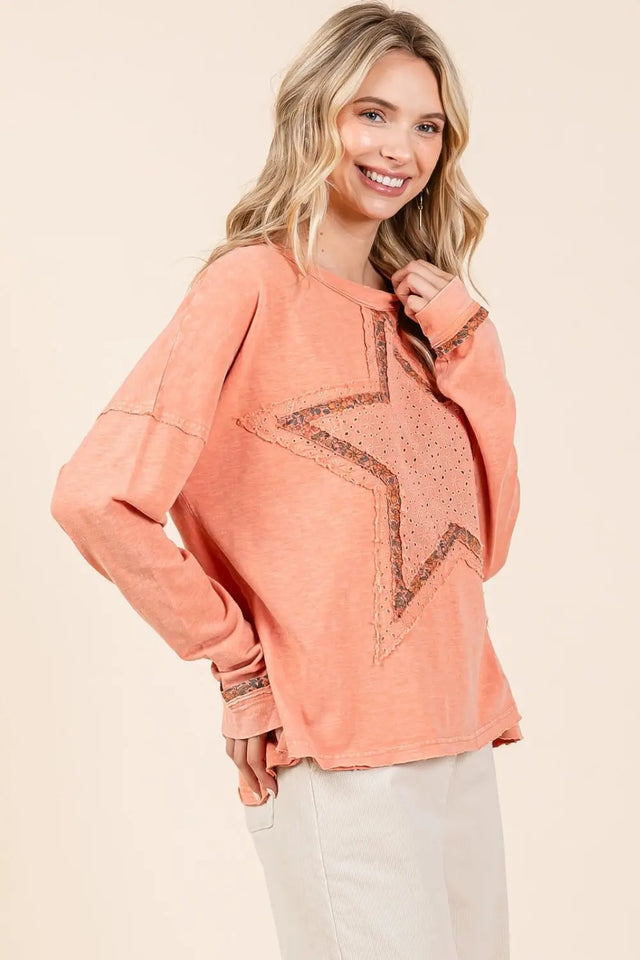 Mittoshop Mineral Wash Star Patch Long Sleeve T-Shirt Trendsi Hanalas