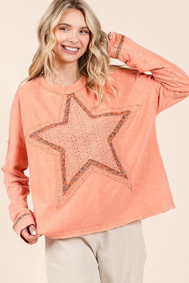 Mittoshop Mineral Wash Star Patch Long Sleeve T-Shirt Trendsi Hanalas