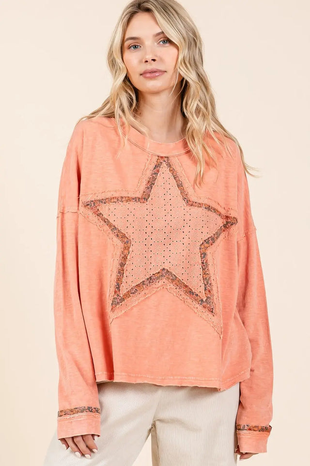 Mittoshop Mineral Wash Star Patch Long Sleeve T-Shirt Trendsi Hanalas