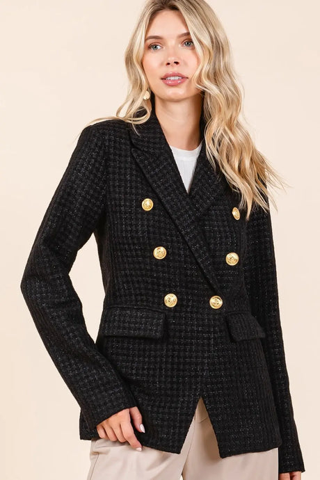 Mittoshop Plaid Texture Double-Breasted Long Sleeve Blazer | Hanalas