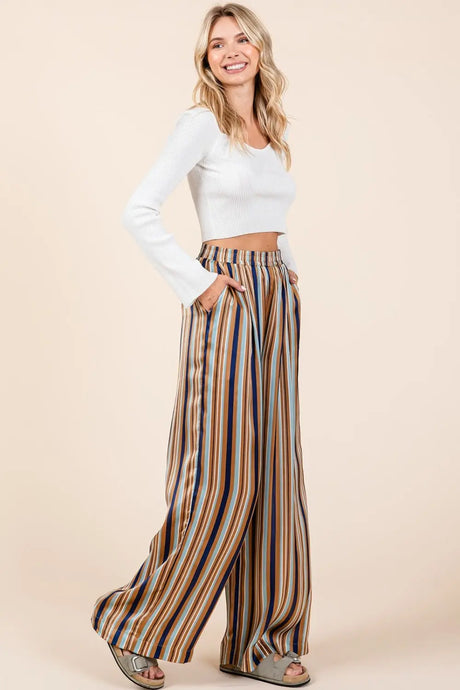 Mittoshop Striped Satin Elastic Waist Wide Leg Pants Trendsi Hanalas