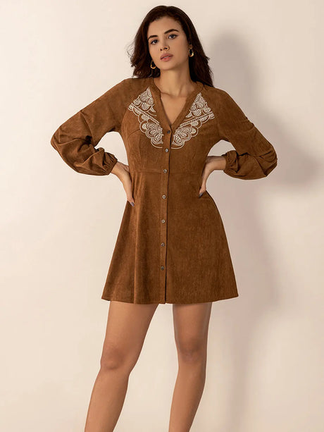 Notched Button Down Long Sleeve Mini Dress | Hanalas