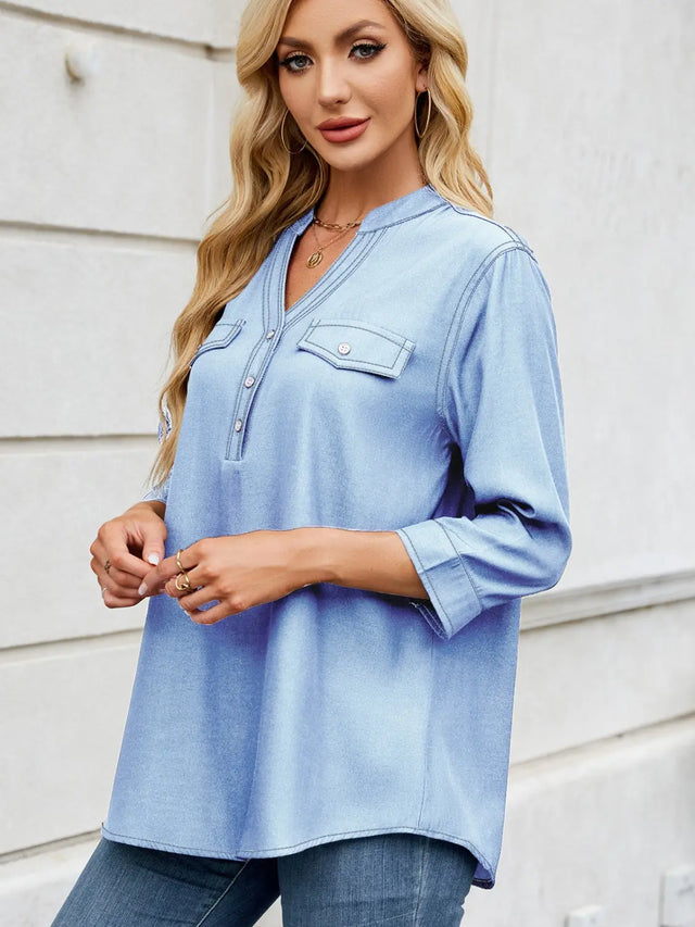 Notched Three-Quarter Sleeve Denim Top | Hanalas