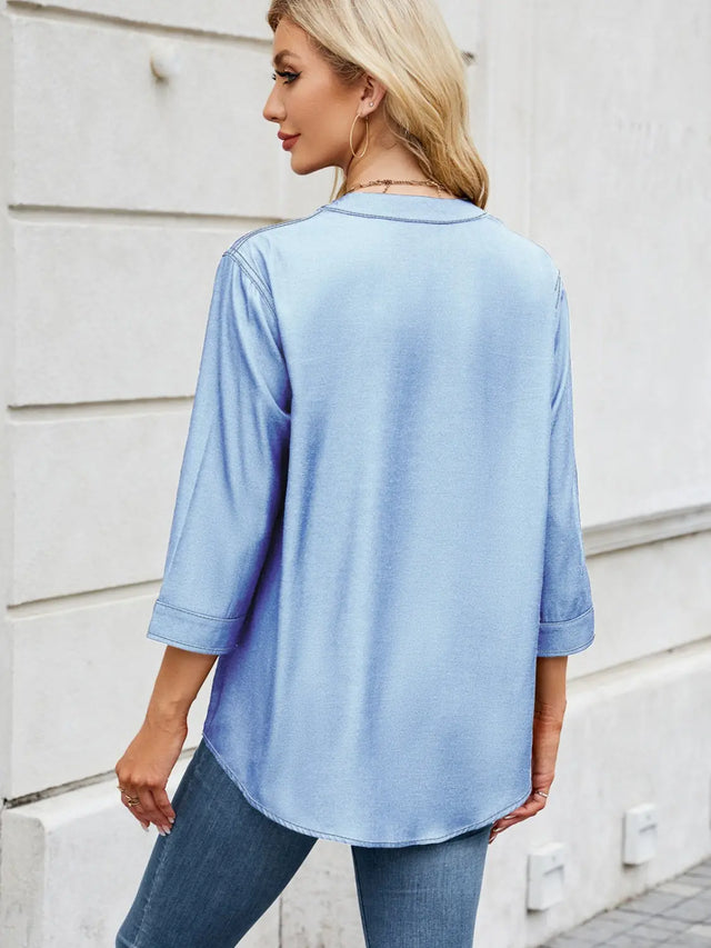 Notched Three-Quarter Sleeve Denim Top | Hanalas