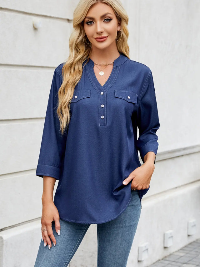 Notched Three-Quarter Sleeve Denim Top | Hanalas