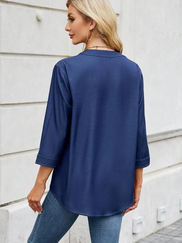 Notched Three-Quarter Sleeve Denim Top | Hanalas