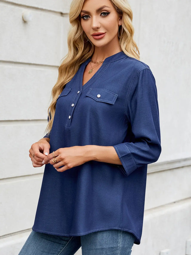 Notched Three-Quarter Sleeve Denim Top | Hanalas