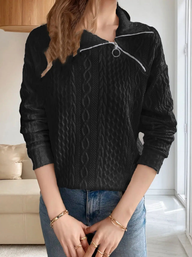 Oblique Zipper Collared Neck Long Sleeve Sweatshirt Trendsi Hanalas