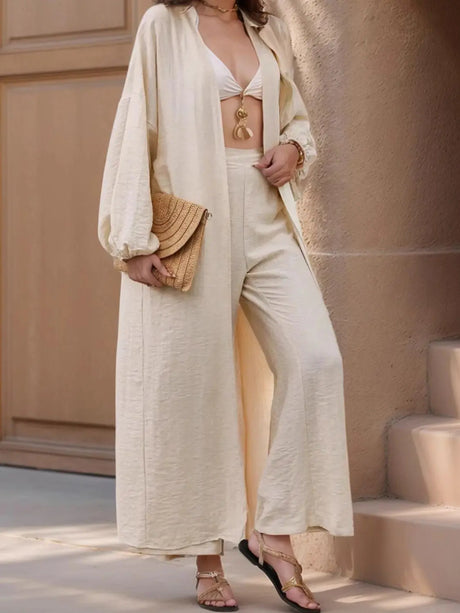 Open Front Balloon Sleeve Cardigan and Pants Set | Hanalas
