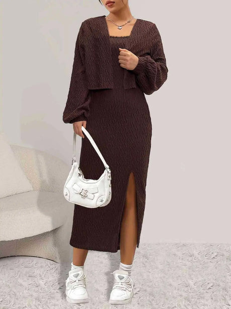 Open Front Long Sleeve Cardigan and Side Slit Cami Dress Set | Hanalas