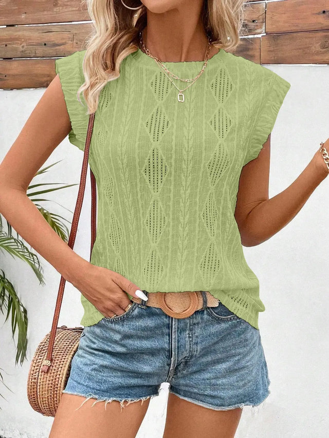 Openwork Round Neck Cap Sleeve Top | Hanalas