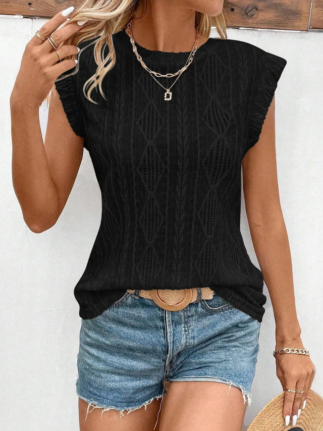 Openwork Round Neck Cap Sleeve Top | Hanalas