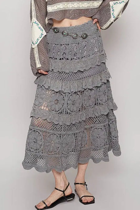 POL Crochet Lace Ruffled Midi Skirt | Hanalas