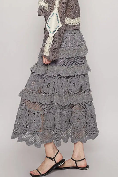 POL Crochet Lace Ruffled Midi Skirt | Hanalas