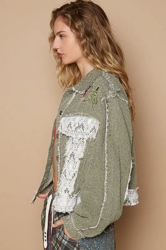 POL Crochet Patch Embroidered Button Up Jacket | Hanalas