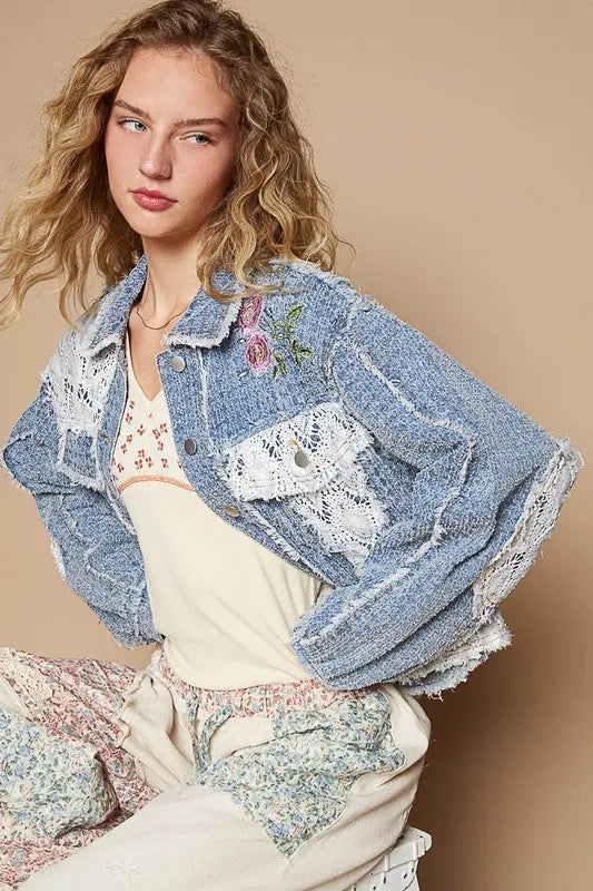 POL Crochet Patch Embroidered Button Up Jacket | Hanalas