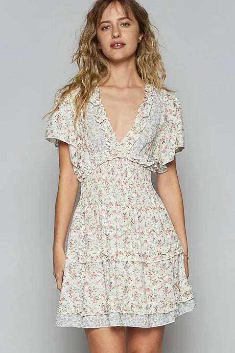 POL Cutout Back Frill Floral V-Neck Short Sleeve Mini Dress | Hanalas