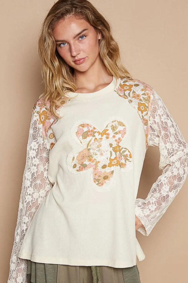 POL Flower Patch Lace Sleeve Knit Top Trendsi Hanalas