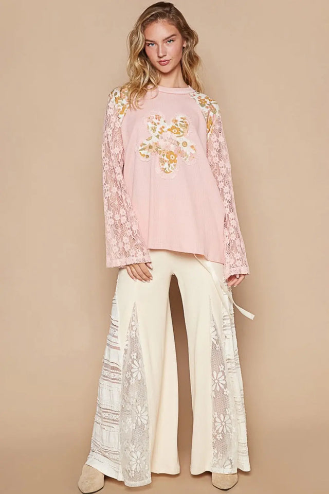 POL Flower Patch Lace Sleeve Knit Top Trendsi Hanalas