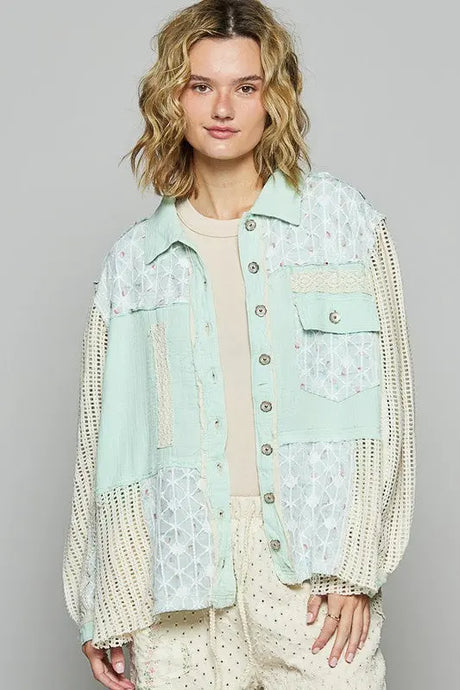 POL Lace Trim Crochet Button Up Denim Jacket | Hanalas