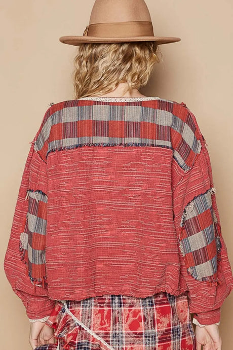 POL Round Neck Long Sleeve Plaid Shirt Trendsi Hanalas