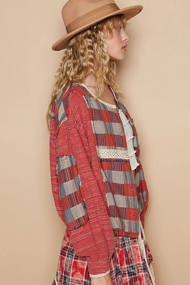 POL Round Neck Long Sleeve Plaid Shirt Trendsi Hanalas