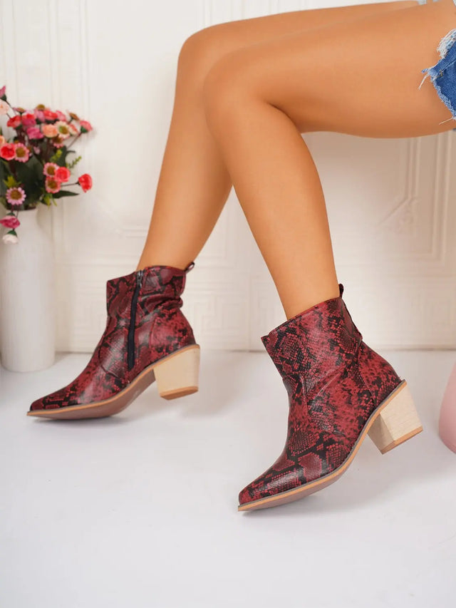 PU Leather Snakeskin Print Block Heel Boots Trendsi Hanalas