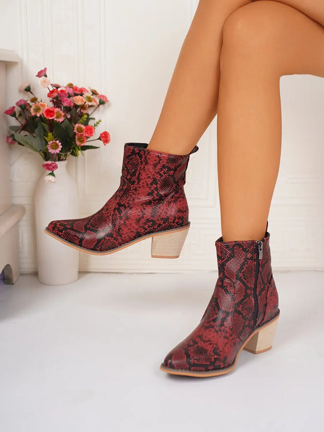 PU Leather Snakeskin Print Block Heel Boots Trendsi Hanalas