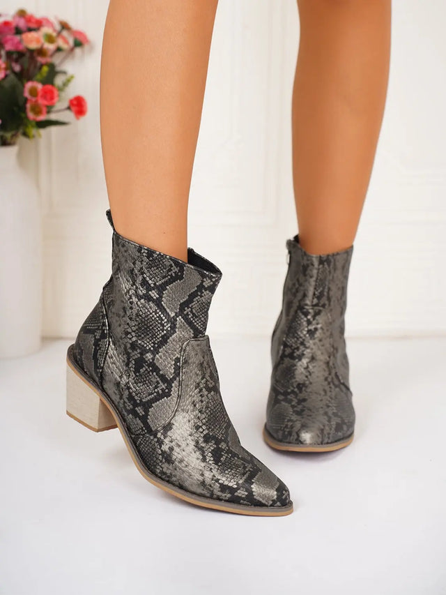 PU Leather Snakeskin Print Block Heel Boots Trendsi Hanalas