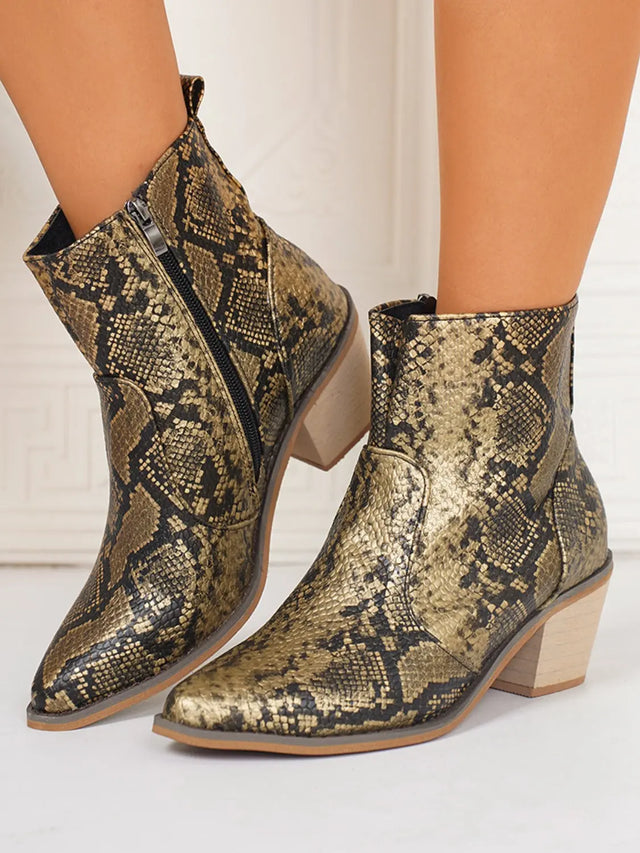 PU Leather Snakeskin Print Block Heel Boots Trendsi Hanalas