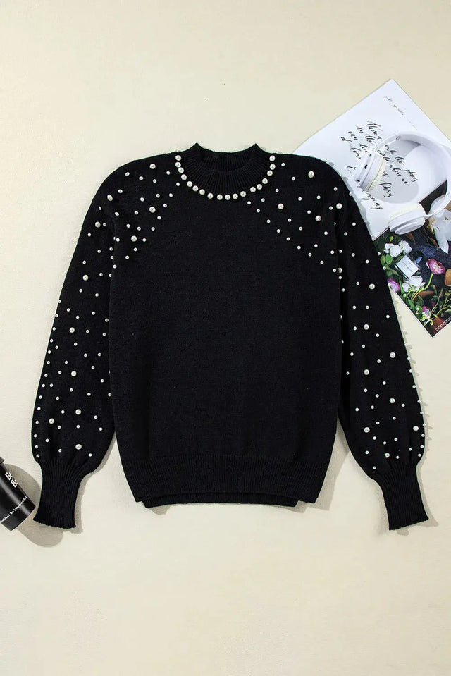 Pearl Detail Mock Neck Long Sleeve Sweater Trendsi Hanalas