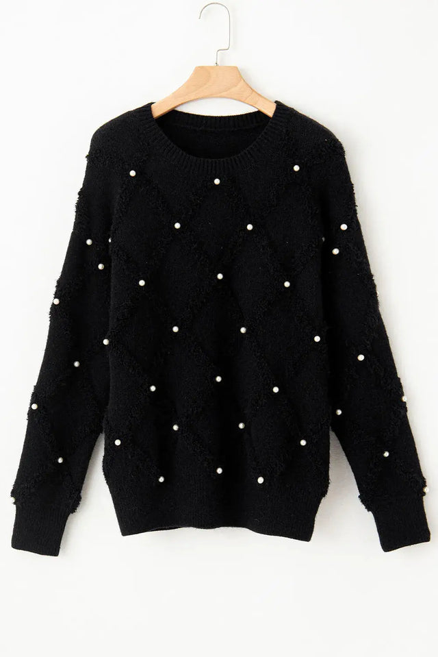 Pearl Detail Round Neck Long Sleeve Sweater Trendsi Hanalas