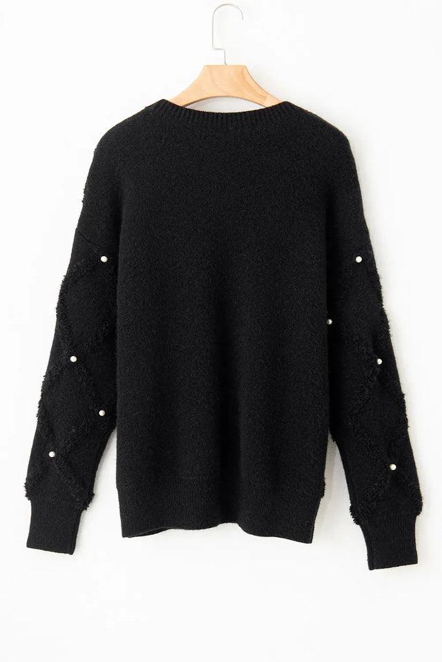 Pearl Detail Round Neck Long Sleeve Sweater Trendsi Hanalas