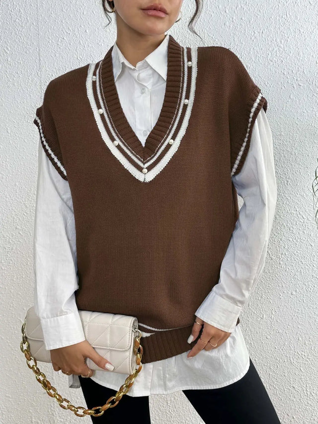 Pearl Trim Contrast V-Neck Sweater Vest Trendsi Hanalas