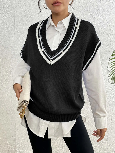 Pearl Trim Contrast V-Neck Sweater Vest Trendsi Hanalas