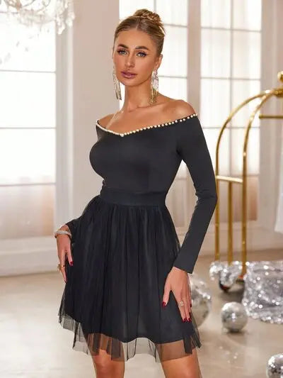 Pearl Trim Mesh Hem Off Shoulder Dress | Hanalas