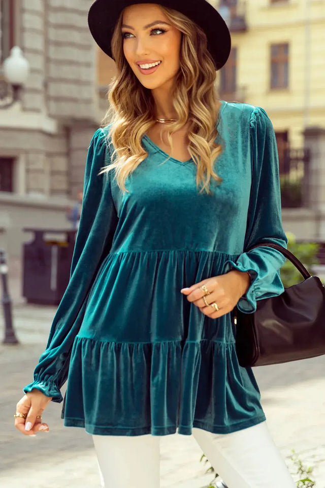 Peplum V-Neck Flounce Sleeve Blouse Trendsi Hanalas