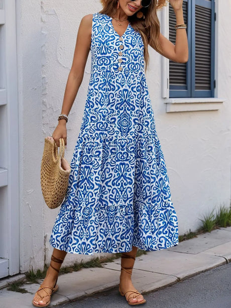 Perfee Decorative Button Printed Notched Sleeveless Midi Dress | Hanalas