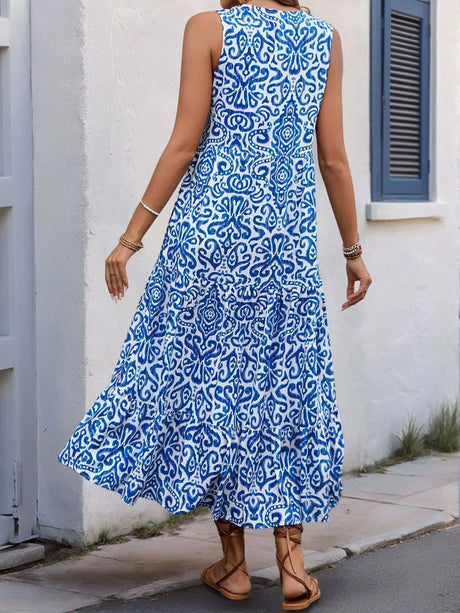 Perfee Decorative Button Printed Notched Sleeveless Midi Dress | Hanalas
