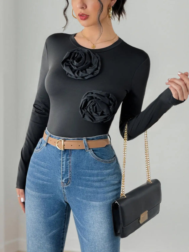 Perfee Flower Round Neck Long Sleeve Bodysuit Trendsi Hanalas