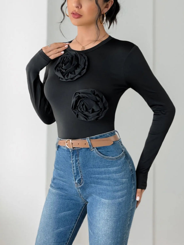 Perfee Flower Round Neck Long Sleeve Bodysuit Trendsi Hanalas