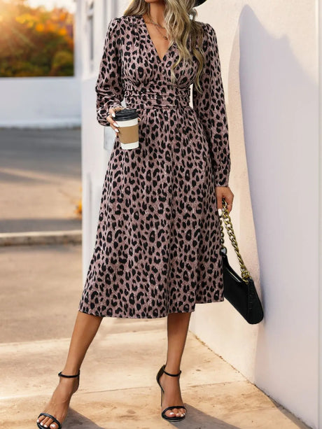 Perfee Leopard Surplice Long Sleeve Midi Dress Trendsi Hanalas