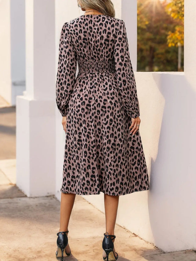 Perfee Leopard Surplice Long Sleeve Midi Dress Trendsi Hanalas