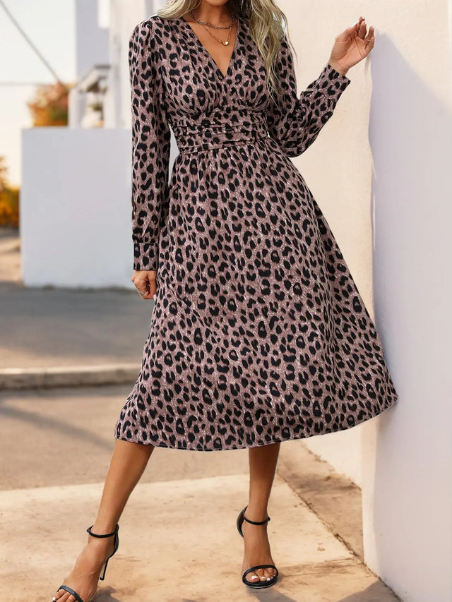 Perfee Leopard Surplice Long Sleeve Midi Dress Trendsi Hanalas