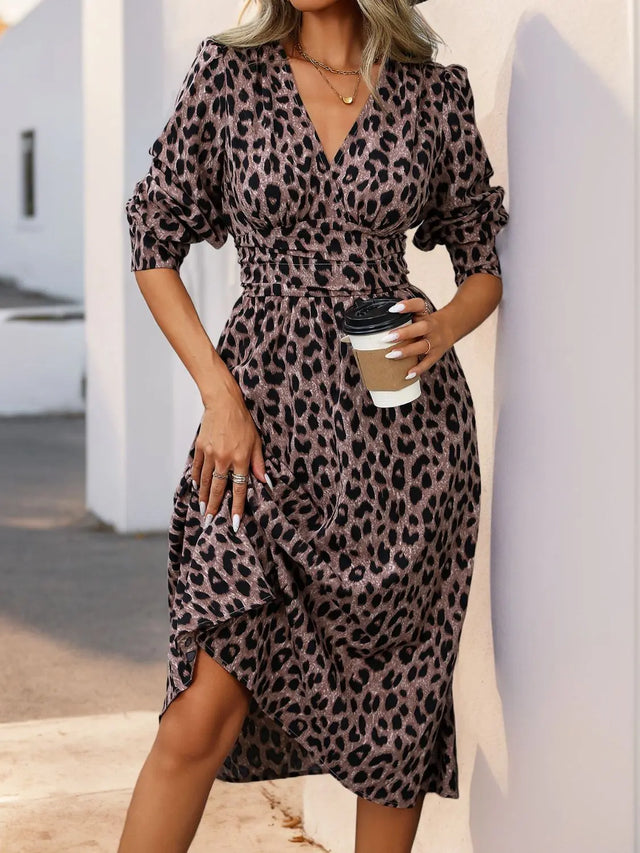 Perfee Leopard Surplice Long Sleeve Midi Dress Trendsi Hanalas